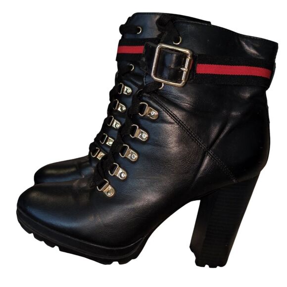 JustFab Shoes - Ribonea Lace-Up Platform Ankle Boot size 10 Black Red belted.